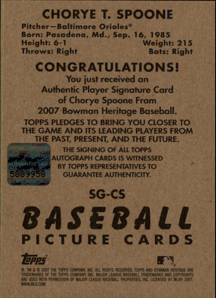 2007 Bowman Heritage Signs of Greatness #CS Chorye Spoone G back image