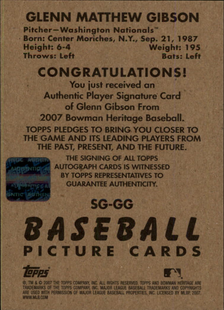 2007 Bowman Heritage Signs of Greatness #GG Glenn Gibson F back image