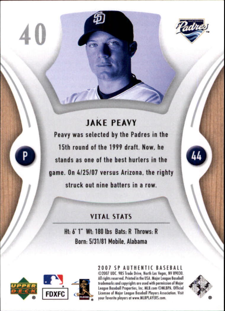2007 SP Authentic #40 Jake Peavy back image