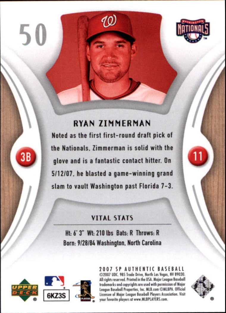 2007 SP Authentic #50 Ryan Zimmerman back image
