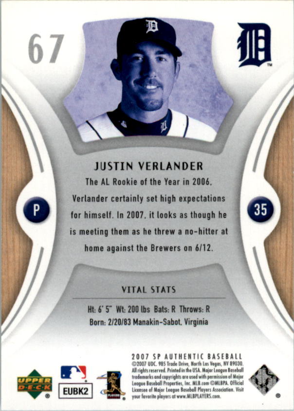 2007 SP Authentic #67 Justin Verlander back image