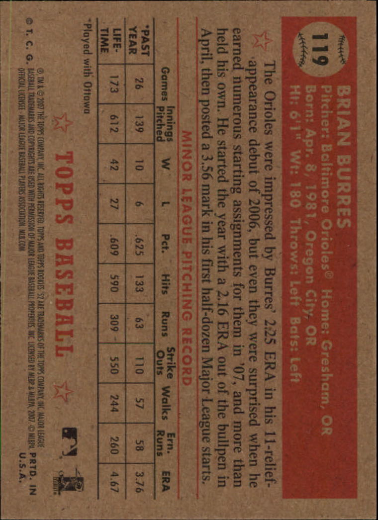 2007 Topps '52 #119 Brian Burres (RC) back image