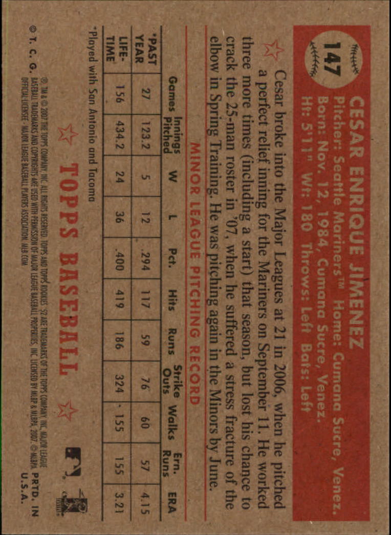 2007 Topps '52 #147 Cesar Jimenez RC back image