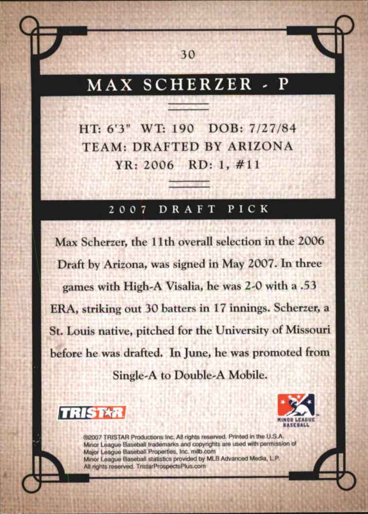 2007 TRISTAR Prospects Plus #30 Max Scherzer PD back image