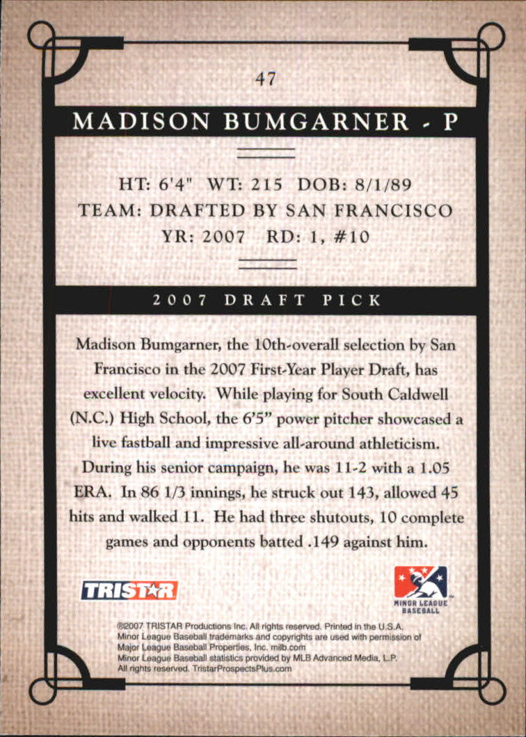2007 TRISTAR Prospects Plus #47 Madison Bumgarner back image
