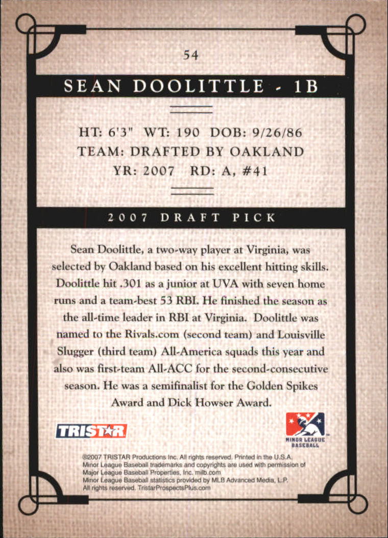 2007 TRISTAR Prospects Plus #54 Sean Doolittle back image