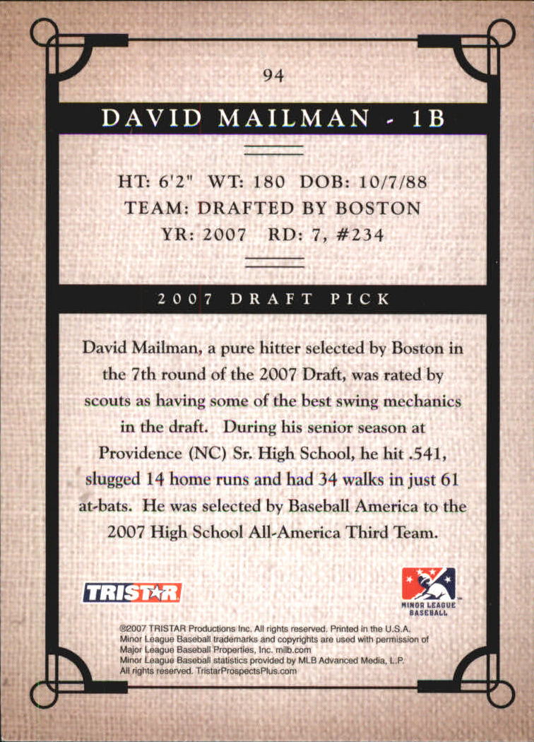 2007 TRISTAR Prospects Plus #94 David Mailman PD back image