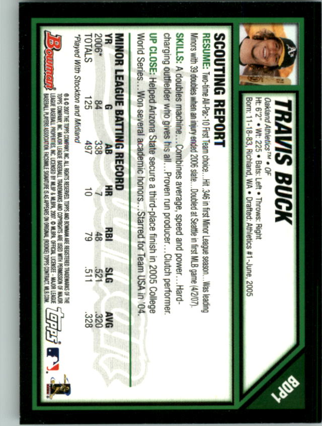 2007 Bowman Draft #BDP1 Travis Buck (RC) back image