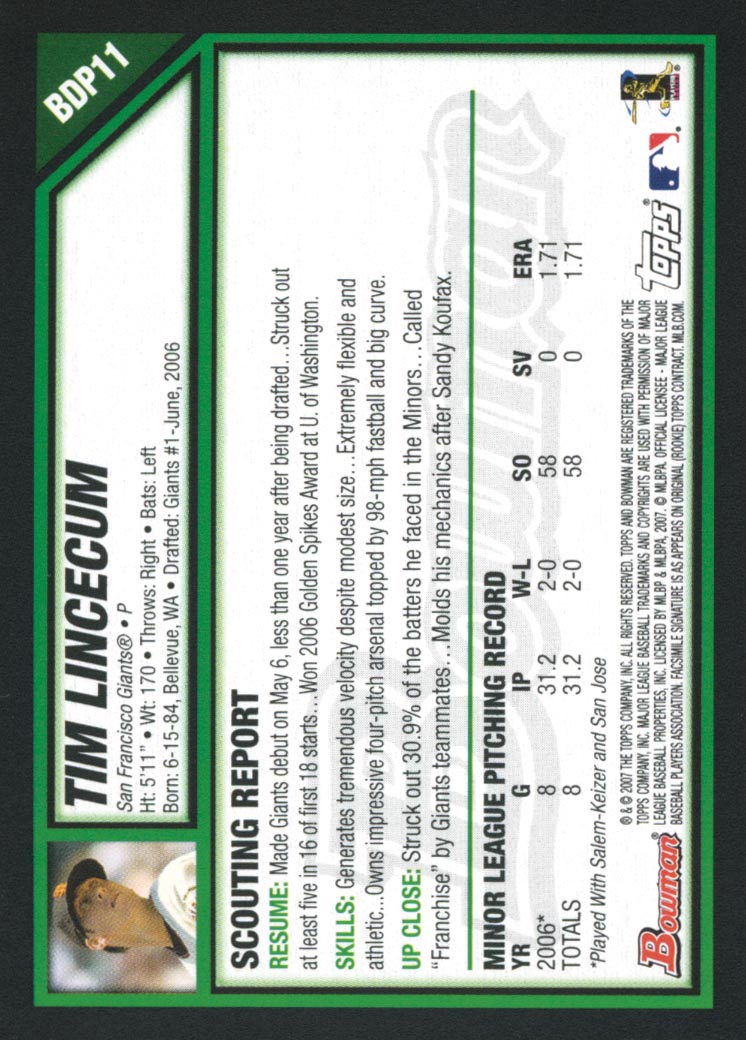 2007 Bowman Draft #BDP11 Tim Lincecum RC back image