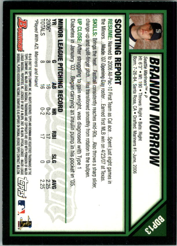 2007 Bowman Draft #BDP13 Brandon Morrow RC back image