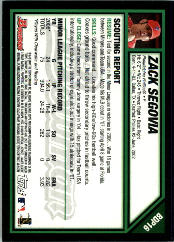 2007 Bowman Draft #BDP16 Zack Segovia (RC) back image
