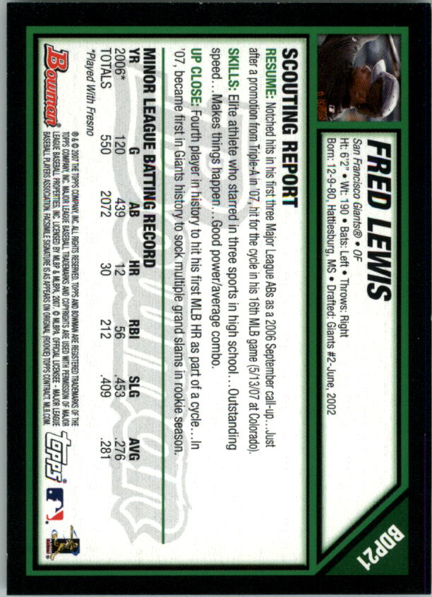 2007 Bowman Draft #BDP21 Fred Lewis (RC) back image