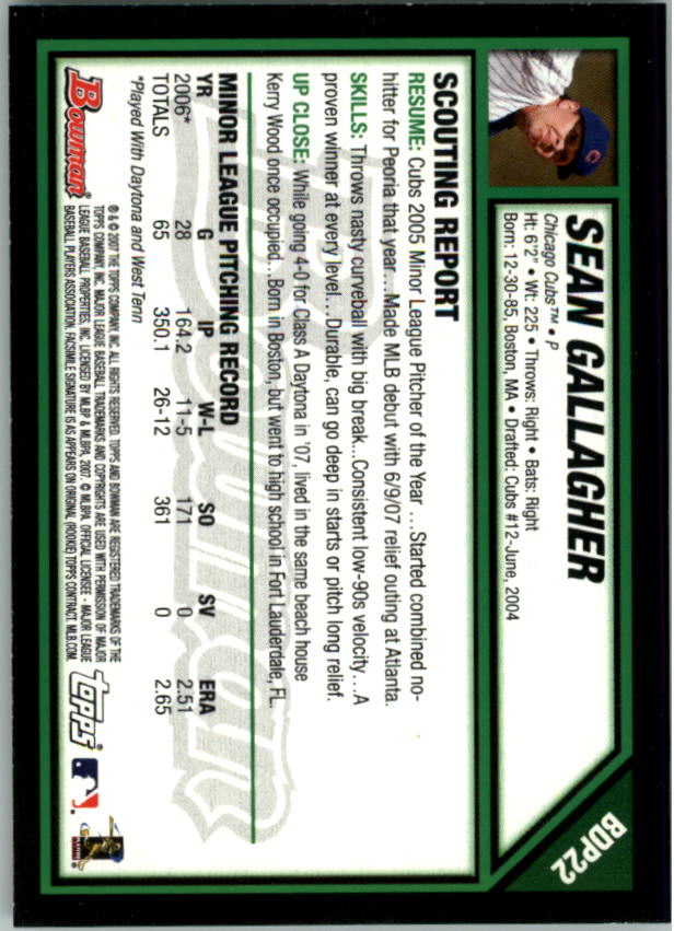 2007 Bowman Draft #BDP22 Sean Gallagher (RC) back image