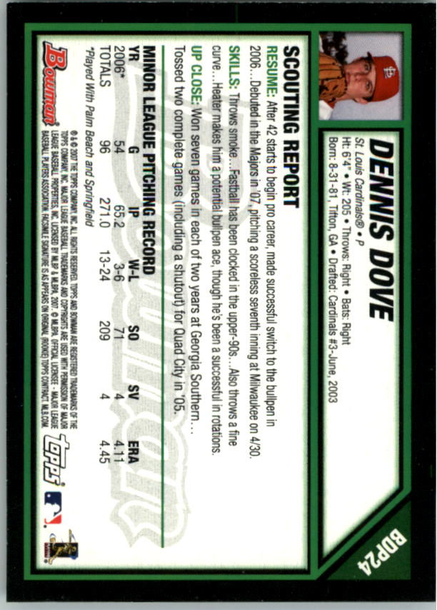 2007 Bowman Draft #BDP24 Dennis Dove (RC) back image