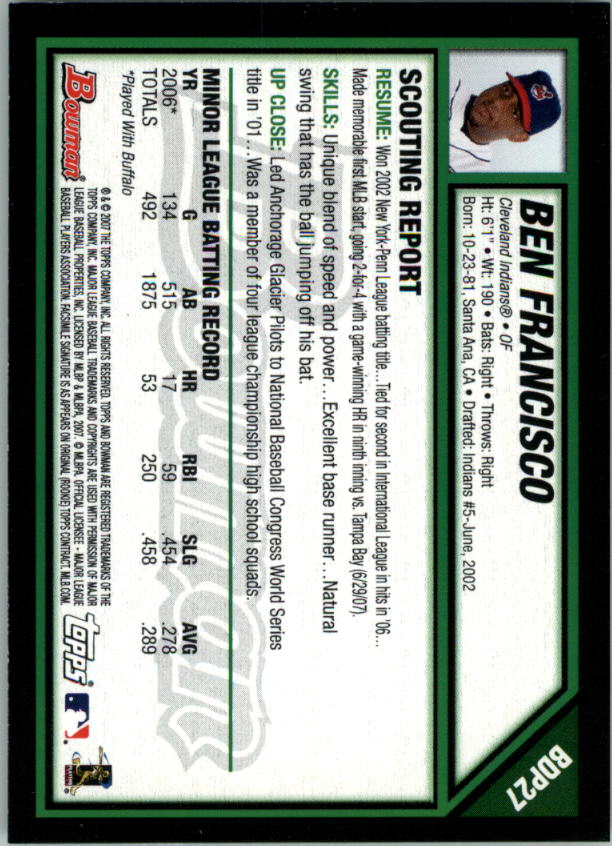 2007 Bowman Draft #BDP27 Ben Francisco (RC) back image