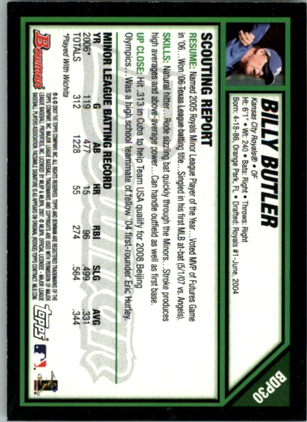 2007 Bowman Draft #BDP30 Billy Butler (RC) back image