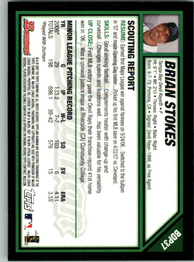2007 Bowman Draft #BDP37 Brian Stokes (RC) back image