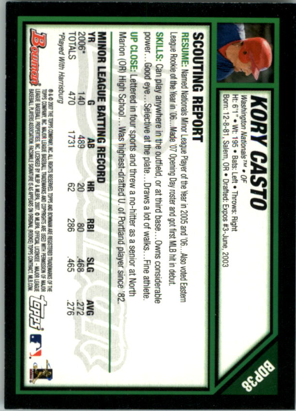 2007 Bowman Draft #BDP38 Kory Casto (RC) back image