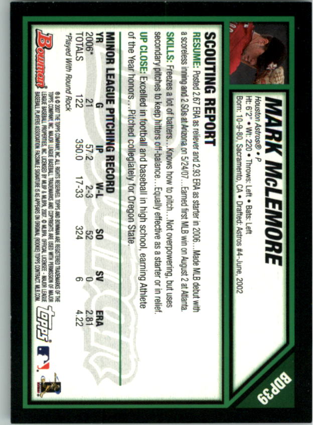 2007 Bowman Draft #BDP39 Mark McLemore (RC) back image