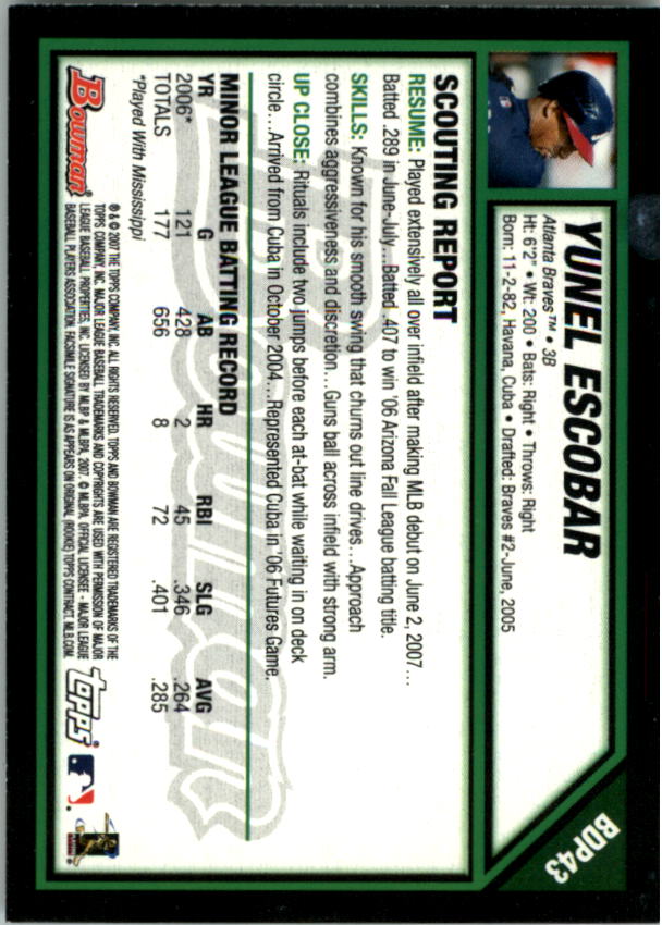 2007 Bowman Draft #BDP43 Yunel Escobar (RC) back image