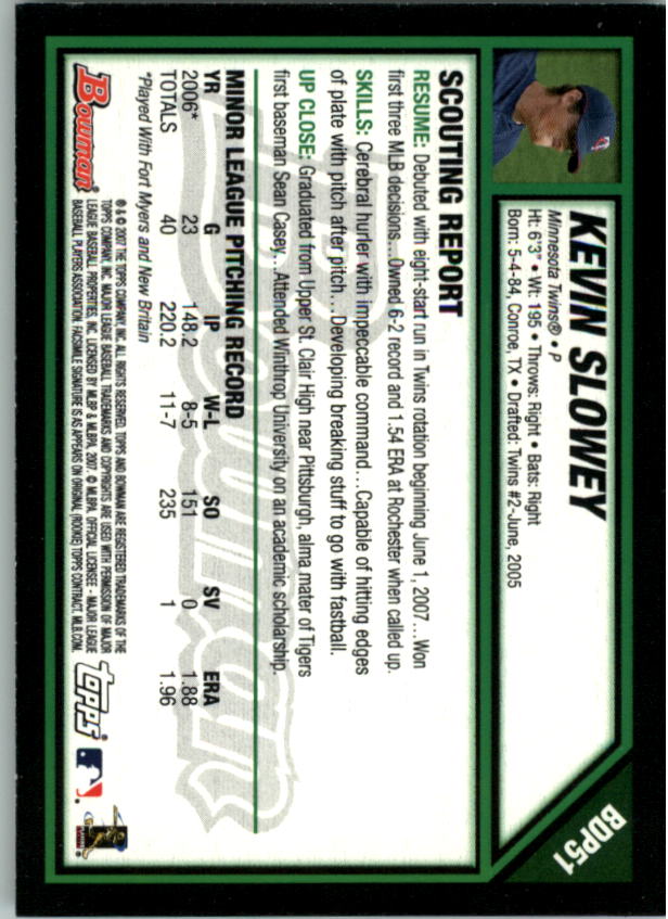 2007 Bowman Draft #BDP51 Kevin Slowey (RC) back image