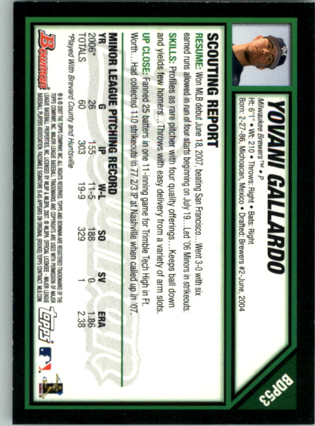 2007 Bowman Draft #BDP53 Yovani Gallardo (RC) back image