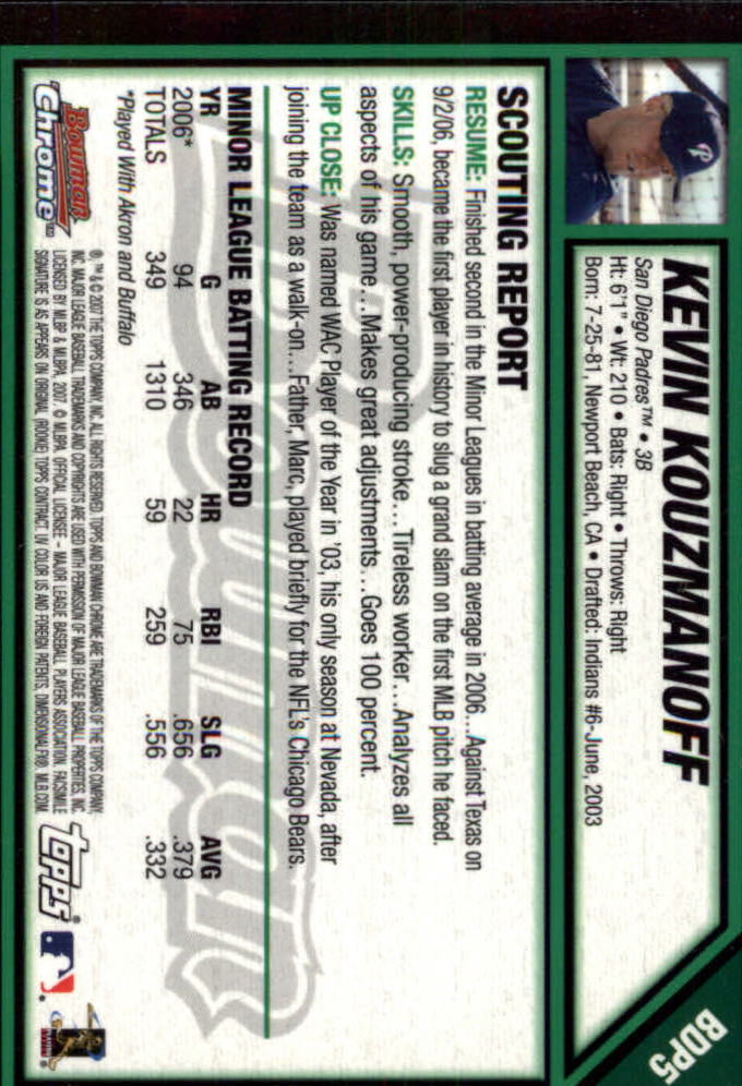 2007 Bowman Chrome Draft #BDP5 Kevin Kouzmanoff (RC) back image