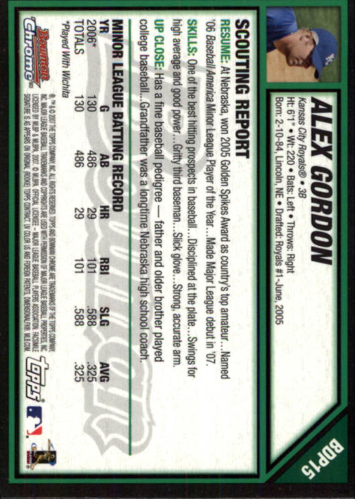 2007 Bowman Chrome Draft #BDP15 Alex Gordon RC back image