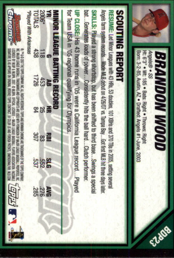 2007 Bowman Chrome Draft #BDP23 Brandon Wood (RC) back image