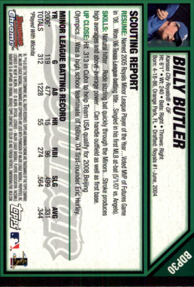 2007 Bowman Chrome Draft #BDP30 Billy Butler (RC) back image