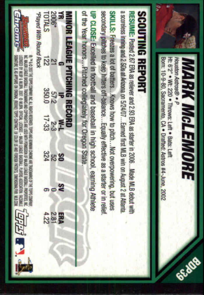 2007 Bowman Chrome Draft #BDP39 Mark McLemore (RC) back image
