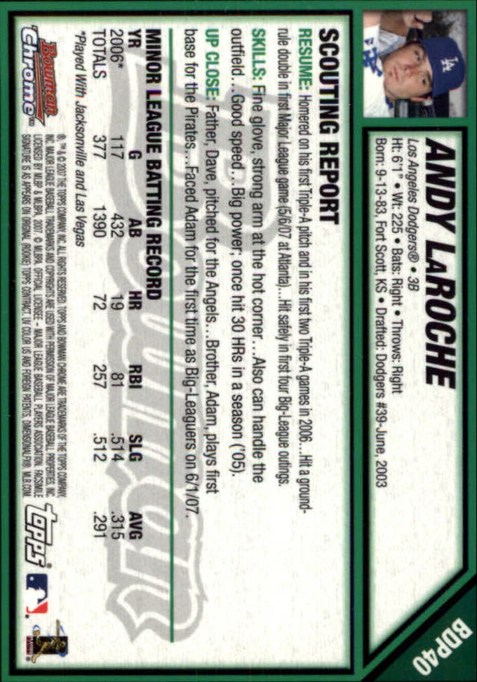 2007 Bowman Chrome Draft #BDP40 Andy LaRoche (RC) back image