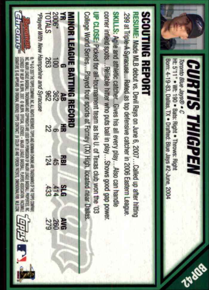 2007 Bowman Chrome Draft #BDP42 Curtis Thigpen (RC) back image