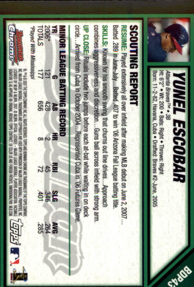 2007 Bowman Chrome Draft #BDP43 Yunel Escobar (RC) back image