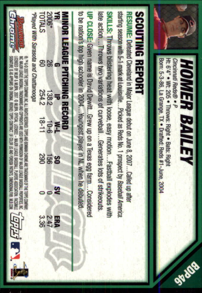 2007 Bowman Chrome Draft #BDP46 Homer Bailey (RC) back image