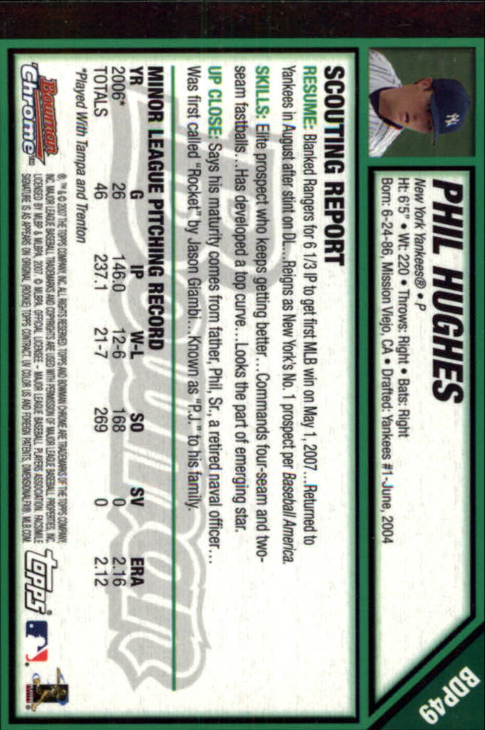 2007 Bowman Chrome Draft #BDP49 Phil Hughes (RC) back image