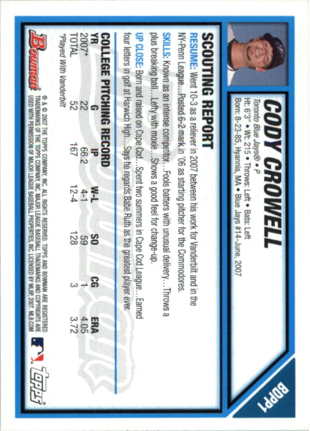 2007 Bowman Draft Draft Picks #BDPP1 Cody Crowell back image