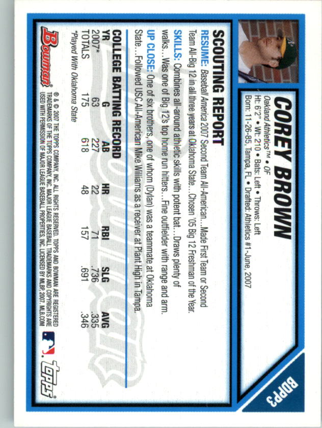 2007 Bowman Draft Draft Picks #BDPP3 Corey Brown back image