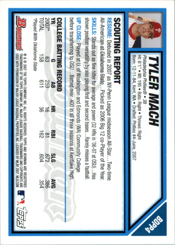 2007 Bowman Draft Draft Picks #BDPP4 Tyler Mach back image