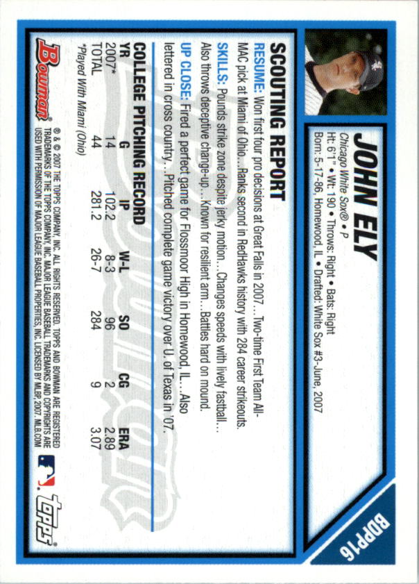 2007 Bowman Draft Draft Picks #BDPP16 John Ely back image