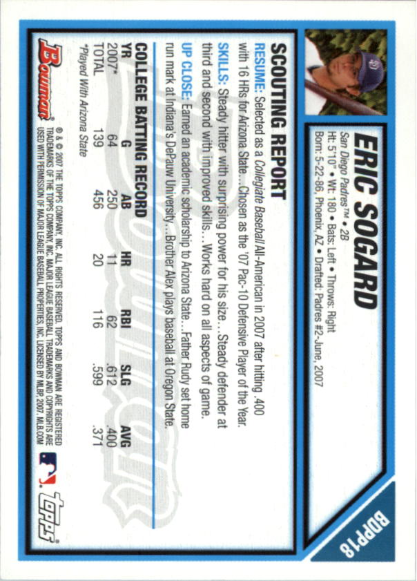 2007 Bowman Draft Draft Picks #BDPP18 Eric Sogard back image