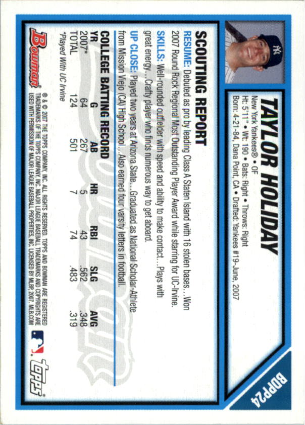 2007 Bowman Draft Draft Picks #BDPP24 Taylor Holiday back image