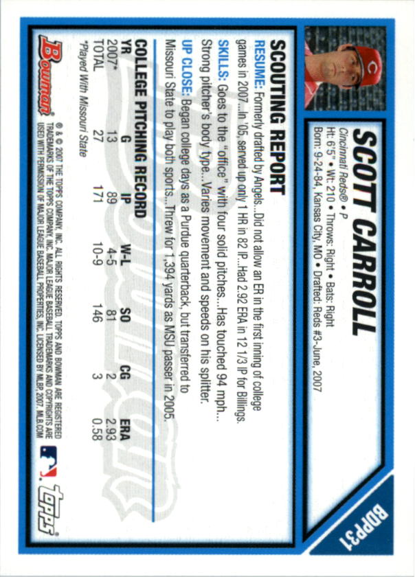 2007 Bowman Draft Draft Picks #BDPP31 Scott Carroll back image