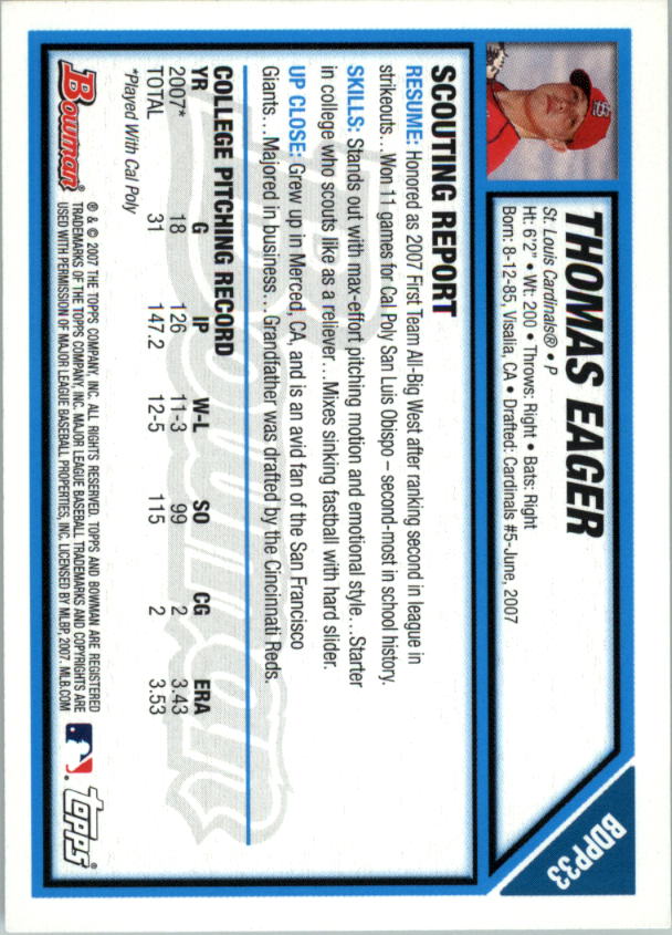 2007 Bowman Draft Draft Picks #BDPP33 Thomas Eager back image