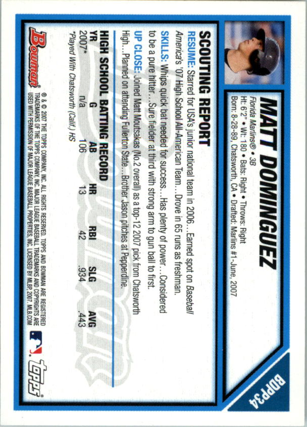 2007 Bowman Draft Draft Picks #BDPP34 Matt Dominguez back image
