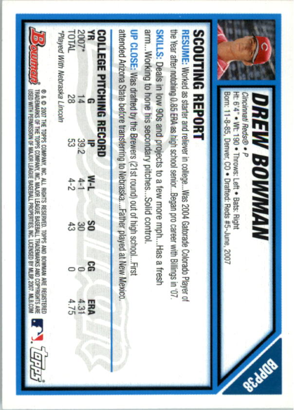 2007 Bowman Draft Draft Picks #BDPP38 Drew Bowman back image