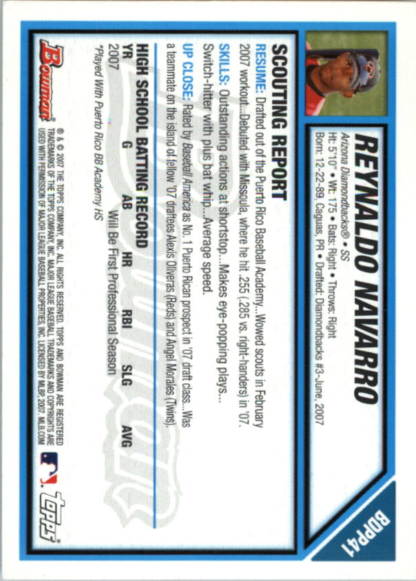 2007 Bowman Draft Draft Picks #BDPP41 Reynaldo Navarro back image