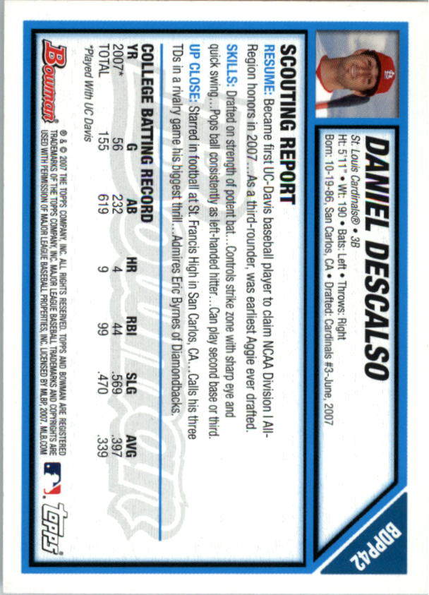 2007 Bowman Draft Draft Picks #BDPP42 Daniel Descalso back image
