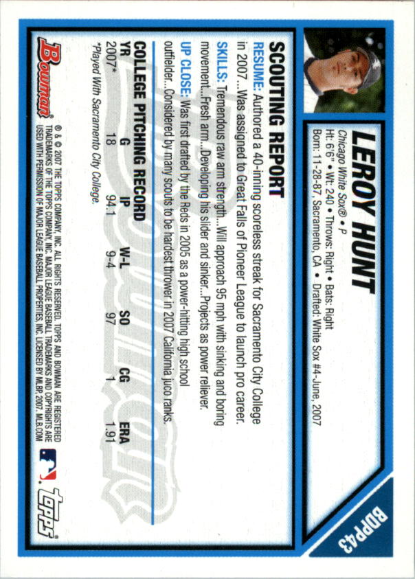 2007 Bowman Draft Draft Picks #BDPP43 Leroy Hunt back image