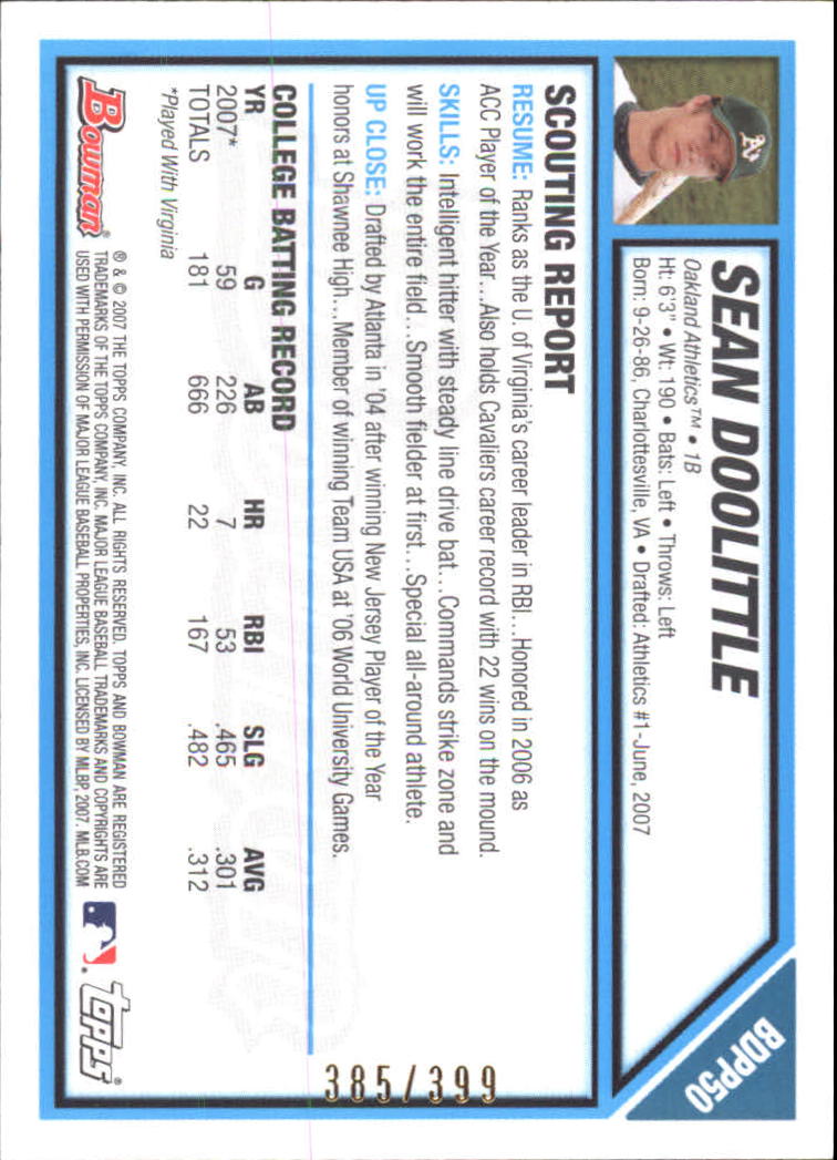 2007 Bowman Draft Draft Picks #BDPP50 Sean Doolittle back image